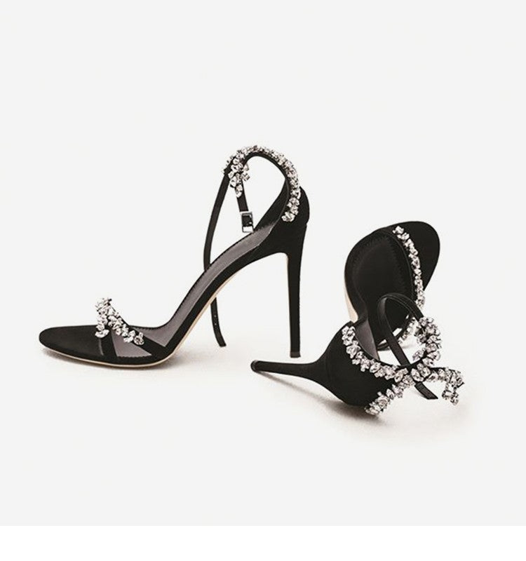 Black High Heels Women's Stiletto Heels Celebrity Style 2024 New Versatile Slotted Buckle Rhinestone Open Toe Round Toe Sandals