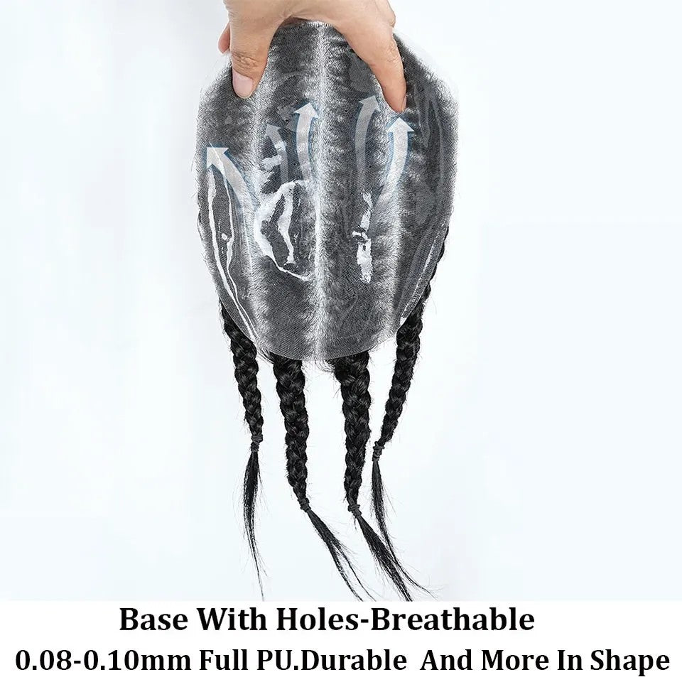 Peruca Masculina Cornrow Box Braids de Cabelo Humano, Touca Masculina de Cabelo Humano com Pele PU, Sistemas de Substituição de Cabelo para Homens, Prótese Capilar