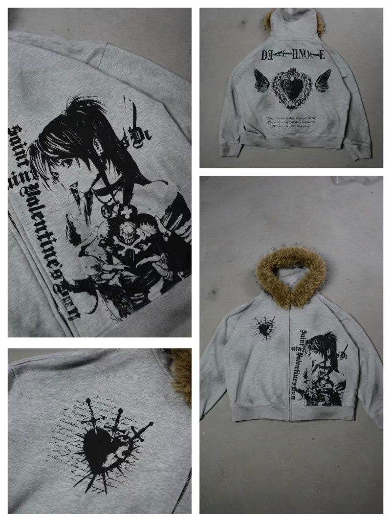 Autumn and winter fashion figure pattern wing letter fleece men hoodie American street hip-hop clothing couple casual sportswear