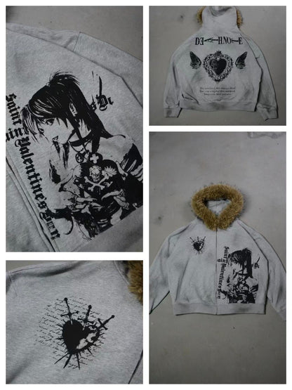 Autumn and winter fashion figure pattern wing letter fleece men hoodie American street hip-hop clothing couple casual sportswear