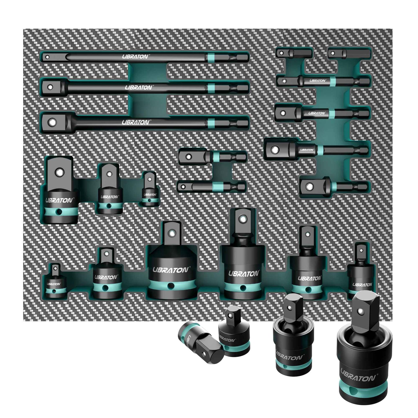 Adaptadores e Redutores de Soquete de Impacto de 1/4" 3/8" 1/2", Inclui Redutores, Juntas Universais, Extensão de Adaptador de Soquete, 20 peças