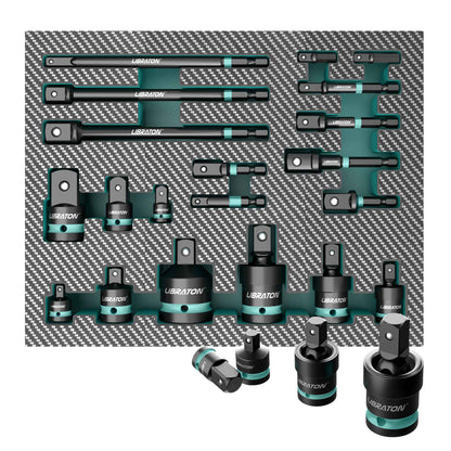 Adaptadores e Redutores de Soquete de Impacto de 1/4" 3/8" 1/2", Inclui Redutores, Juntas Universais, Extensão de Adaptador de Soquete, 20 peças