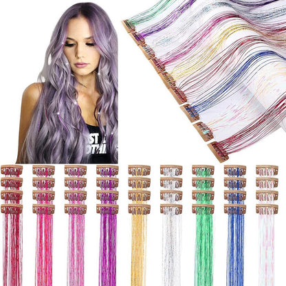 6 peças de extensões de cabelo brilhantes de 50 cm, extensões de cabelo sintéticas, presilhas de cabelo para trançar, chapéus femininos