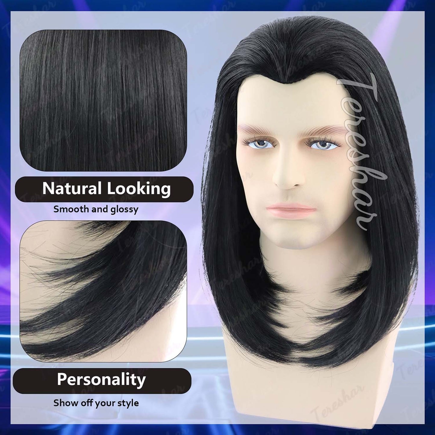 Synthetic Mens Wig Short Straight Black Wig 70s Vintage Vincent Vega Cosplay Wig 80s Halloween Costume Cosplay Party Fun Wig