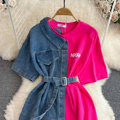 XFPV Women's Sweet high Waist Wrap Belt Round Neck patchwork Denim Shirt  Chic Top Y2k Korean Fashion Spring Summer 2025 SM11327