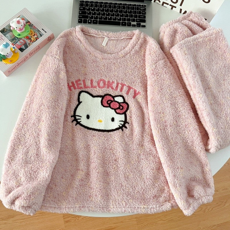 Thickened Warm Women‘s Sleepwear Cartoon HelloKitty Women's Pajamas Set Winter New Cute Fashion Two Sets Nightwear Loungewear