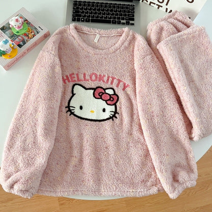 Thickened Warm Women‘s Sleepwear Cartoon HelloKitty Women's Pajamas Set Winter New Cute Fashion Two Sets Nightwear Loungewear