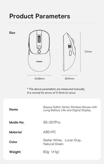 Mouse Sem Fio Baseus Editor Pro Bluetooth 5.1 Modo Duplo Bateria de Longa Duração Recarregável Ergonômico de Escritório com Display