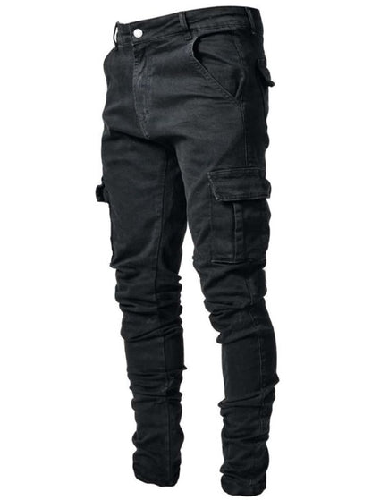 Calça jeans masculina com múltiplos bolsos, estilo casual e perna reta
