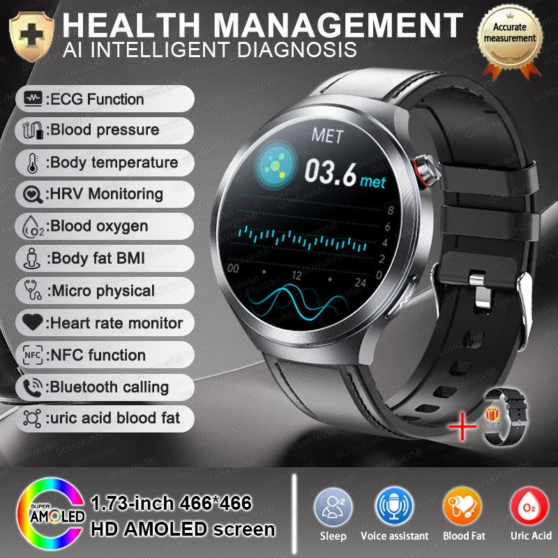 Relógio Inteligente Smartwatch Masculino 2026 Health Tracker com Safira e Medição de Ácido Úrico, Gordura Sanguínea, Pressão Arterial e ECG+PPG com Análise Corporal
