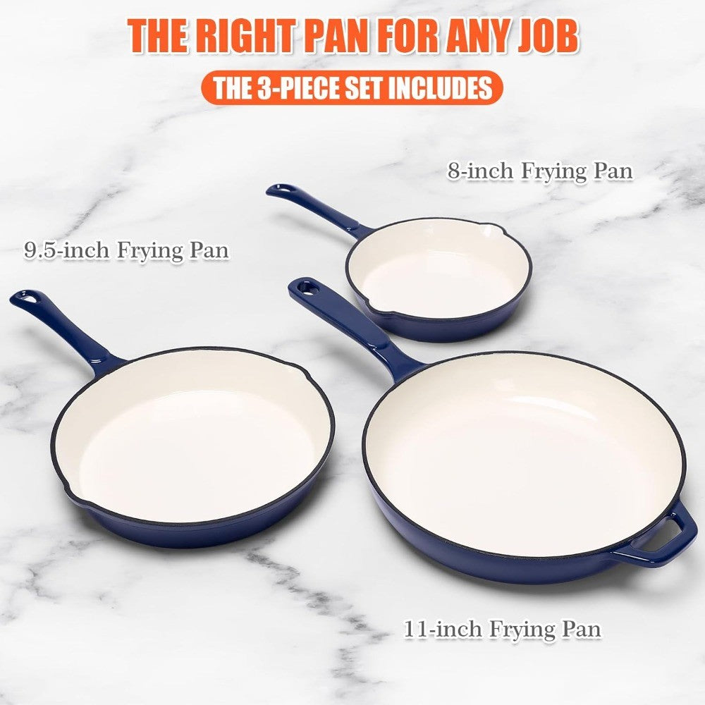Enameled Cast Iron Cookware Set - 8-Inch Skillet, 9.5-Inch Frying Pan, and 11-Inch Cookware for Healthy Cooking