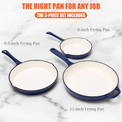 Enameled Cast Iron Cookware Set - 8-Inch Skillet, 9.5-Inch Frying Pan, and 11-Inch Cookware for Healthy Cooking