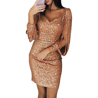 Plus Size Dresses for Women Elegant Long Sleeve Sequin Mini Dresses Sexy Ruched Bodycon Sparkly Glitter Cocktail Party Dresses