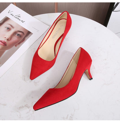 European American Fashionable Pointed High Heels Women With Rhinestone Bows Shallow Mouth Mid-Heeled Single Shoes Silk Satin