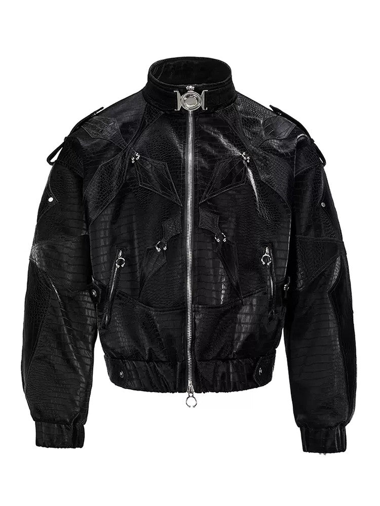 Mauroicardi Spring Autumn Cool Short Shiny Black Crocodile Print Pu Leather Jacket Men Luxury Designer Y2K Streetwear Clothes