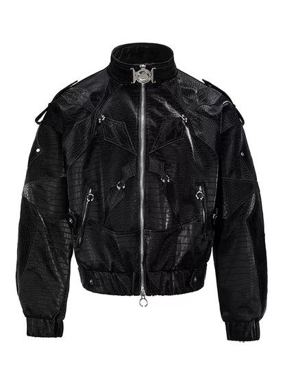 Mauroicardi Spring Autumn Cool Short Shiny Black Crocodile Print Pu Leather Jacket Men Luxury Designer Y2K Streetwear Clothes