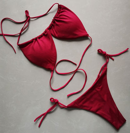 Summer Sexy Bikini set Push-up padded Bra Thong Split Swimwear Female Bandage Bathing Suit Adjustable Lacing Swimsuit Solid