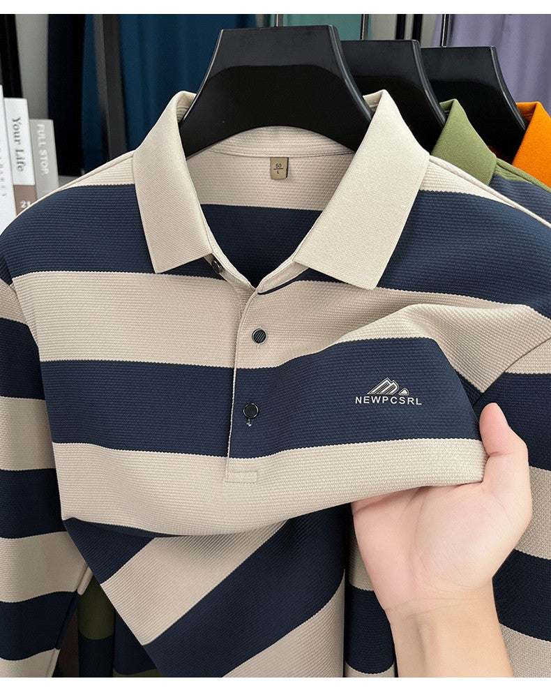 Unique stripe color blocked long sleeve polo shirt men high-end trend brand letters embossed spring autumn new comfort T-shirt