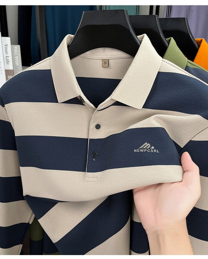 Unique stripe color blocked long sleeve polo shirt men high-end trend brand letters embossed spring autumn new comfort T-shirt