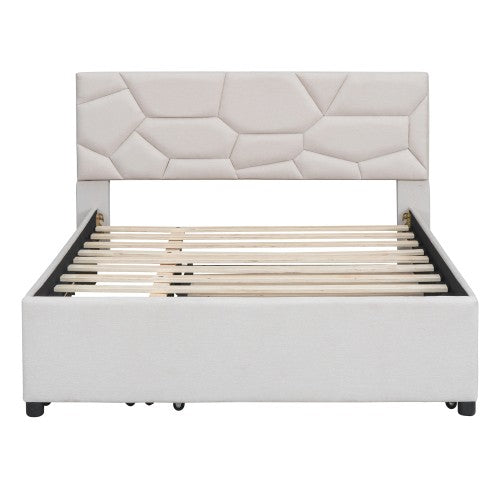 Full Size Upholstered Platform Bed , with Twin Size Trundle and 2 Drawers, Linen Fabric, Beige