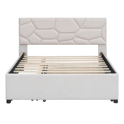 Full Size Upholstered Platform Bed , with Twin Size Trundle and 2 Drawers, Linen Fabric, Beige
