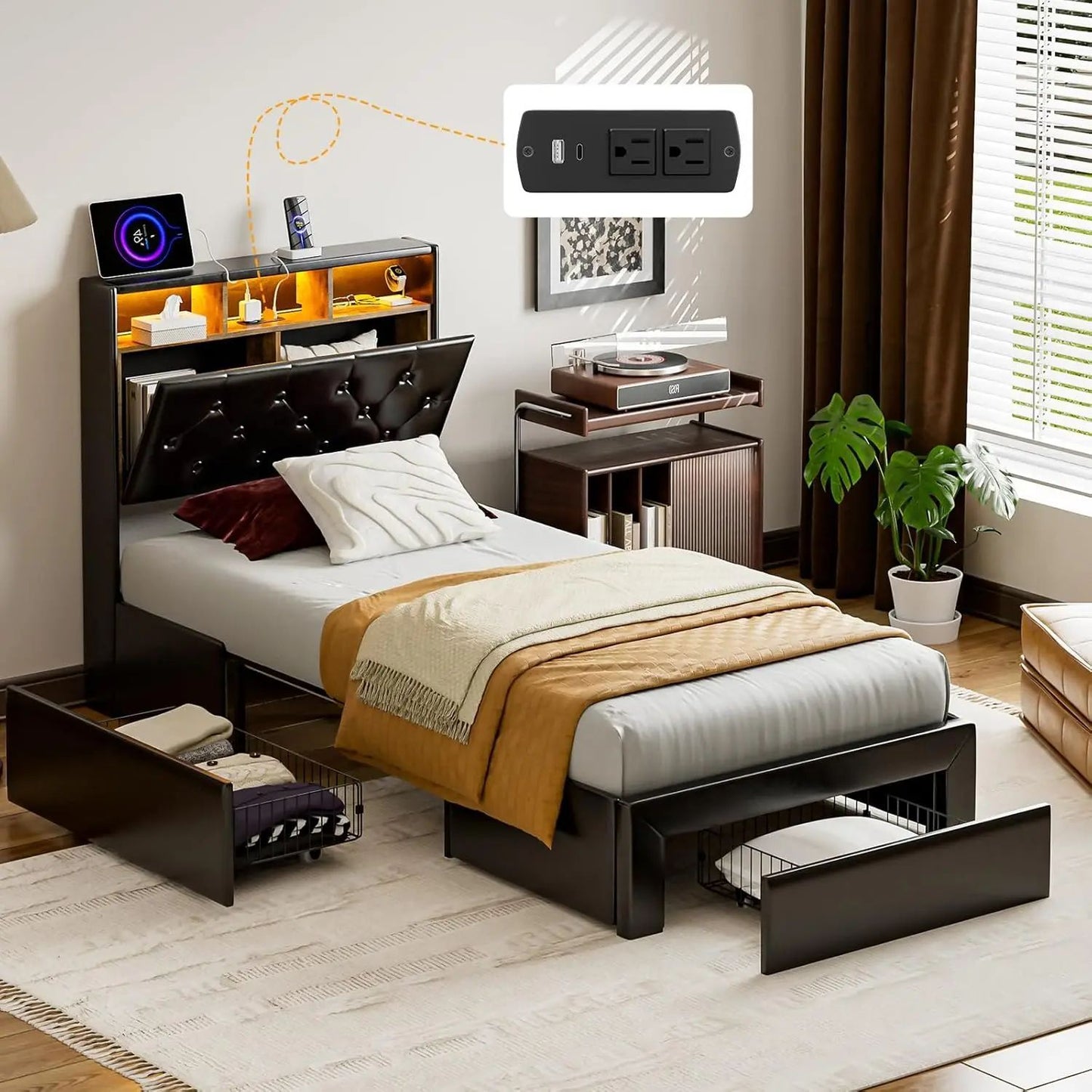 King Bed Frame with Charging Station Storage Headboard Upholstered Linen Button Tufted LED Platform Bed with 4 Drawers