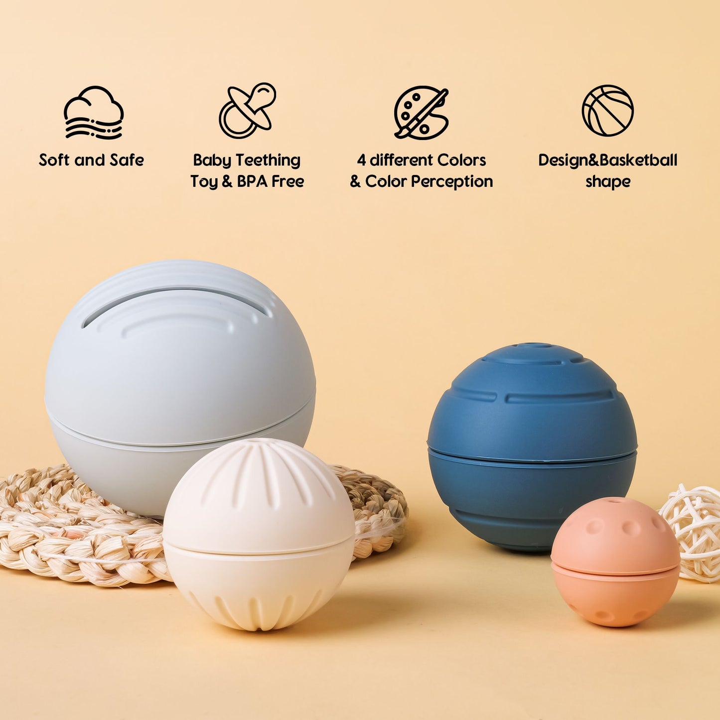 TYRY.HU 4pcs/Set Silicone Baby Teether Chewing Ball Toddler Infant Educational Toy Training Grid Friendly for Babies