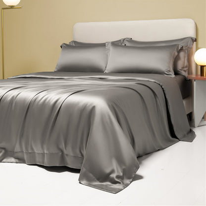 Lofuka Luxuoso Conjunto de Cama Cinza Escuro 100% Seda Pura Capa de Edredom Lençol Fronha para Sono Saudável Casal Queen King