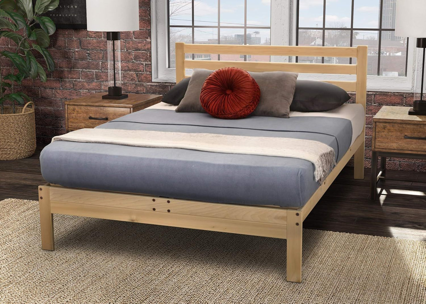 Cama Plataforma Lexington - Estrutura de Cama de Casal - Estrutura de Cama de Madeira Crua - Natural, Cama Minimalista com Cabeceira Ripado - E