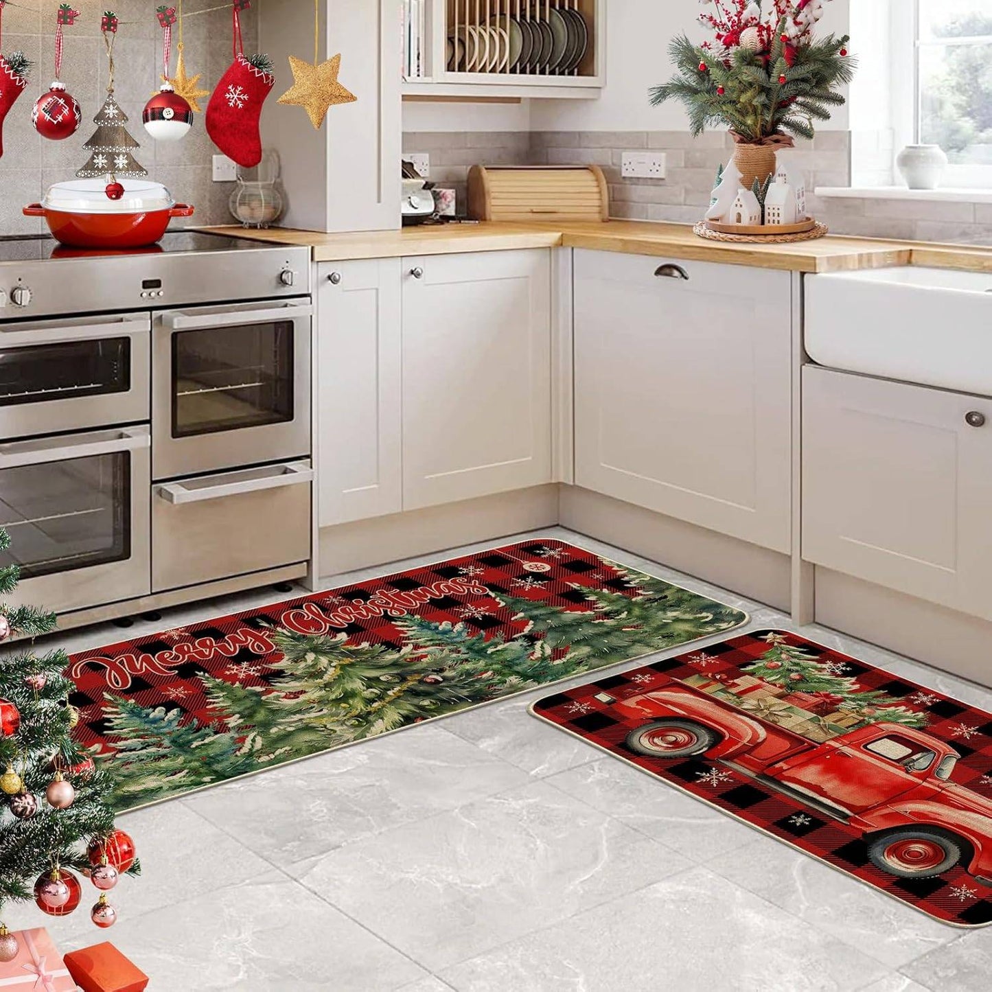 VIKAMA 1/2pcs Christmas Kitchen Rugs Truck Christmas Tree Bedroom Hallway Rugs Entry Welcome Doormat Home Decoration