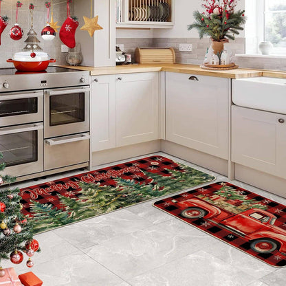 VIKAMA 1/2pcs Christmas Kitchen Rugs Truck Christmas Tree Bedroom Hallway Rugs Entry Welcome Doormat Home Decoration
