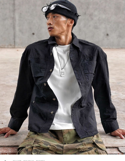 Vintage Patchwork Design Men Autumn Tactical Function Cargo Shirts Y2K High Street Techwear Style Long Sleeve Tops camisetas