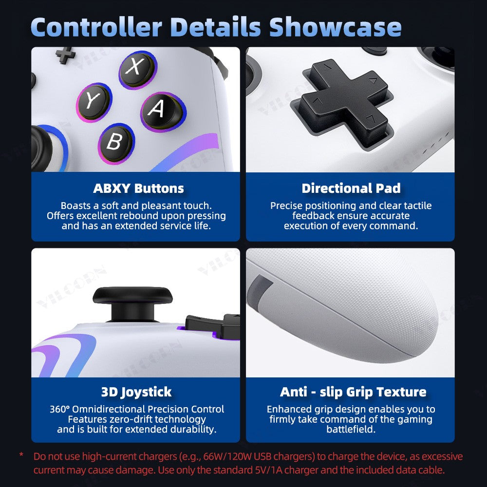 Wireless Gamepad For Switch 2 Pro Controller with Thumbstick Caps RGB Light 6-Axis Gyro Motion Sensing Vibration Joystick for PC