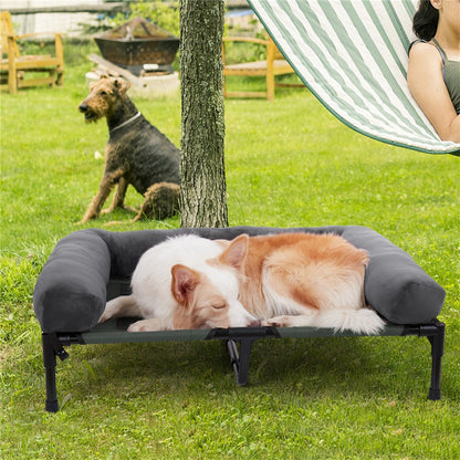 Cama de cachorro grande XXL XL para ambientes externos, elevada com esteira de resfriamento respirável e esteira de pelúcia macia, cama de acampamento para filhotes para casa e jardim