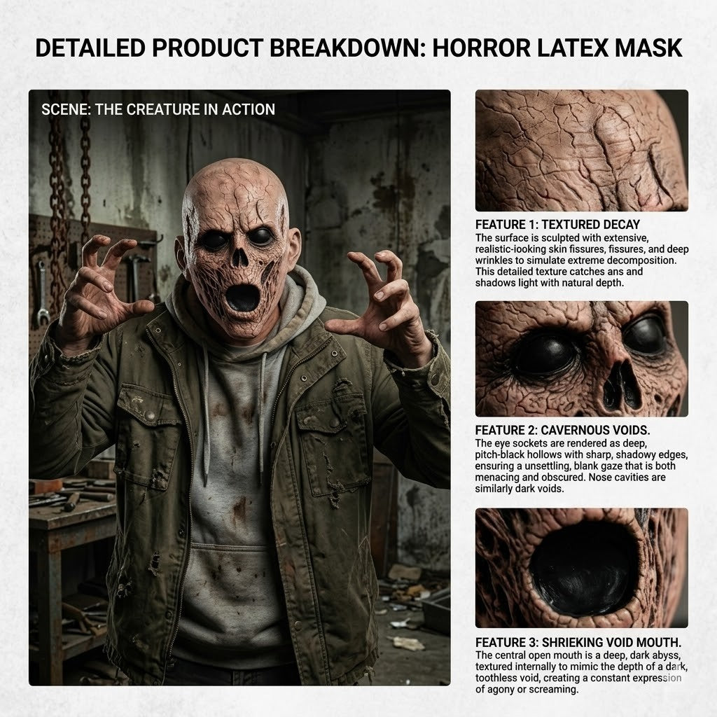 Realistic Scary Zombie Mask Latex Full Head Horror Monster Halloween Cosplay Party Haunted House Prop Creepy Costume Accessory