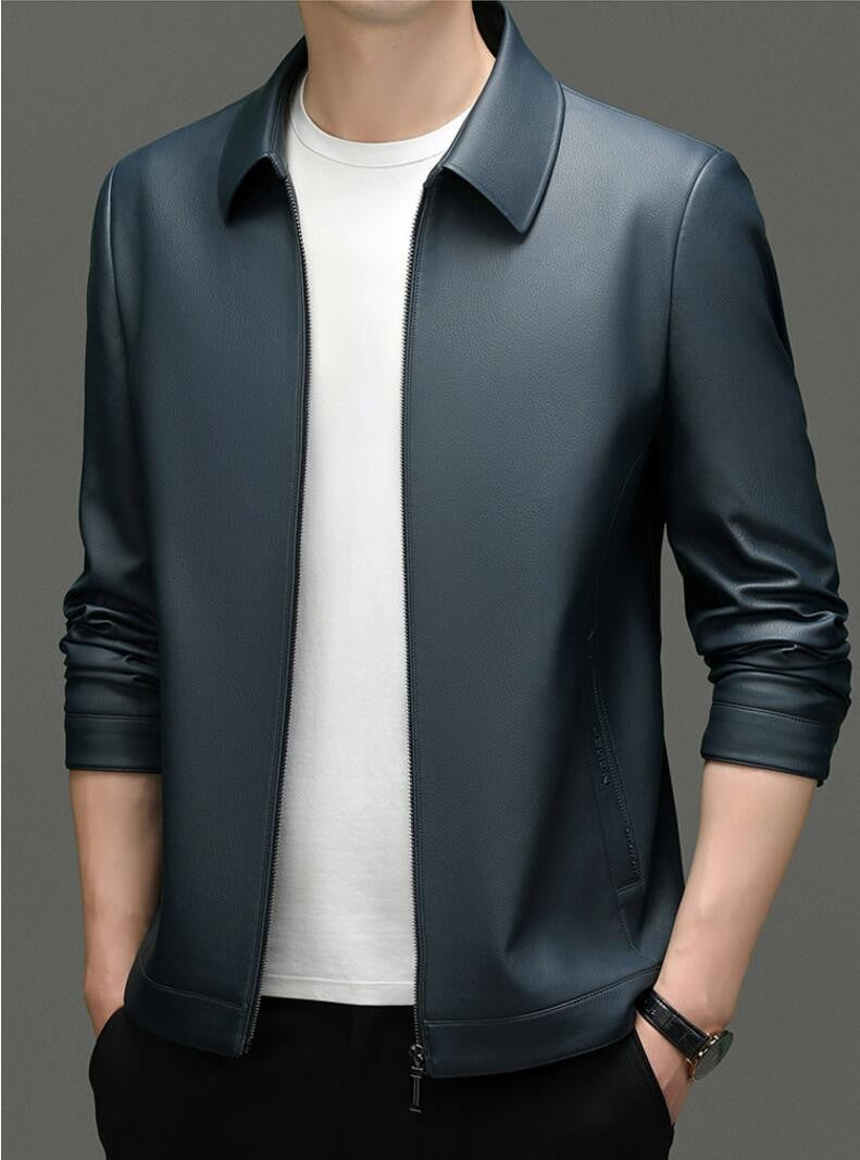 2025 Fall And Winter Models Men's Jacket Lapel Business Casual PU Leather Jacket Thin Thick Black Lake Blue