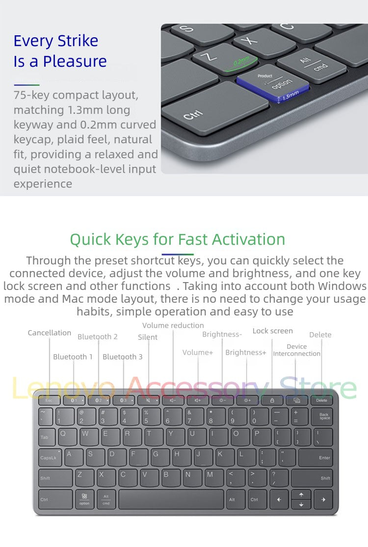 Teclado Bluetooth sem fio Lenovo Xiaoxin Air conecta 3 dispositivos Windows10 iPadOS15 Android10 para laptop, notebook, tablet, celular