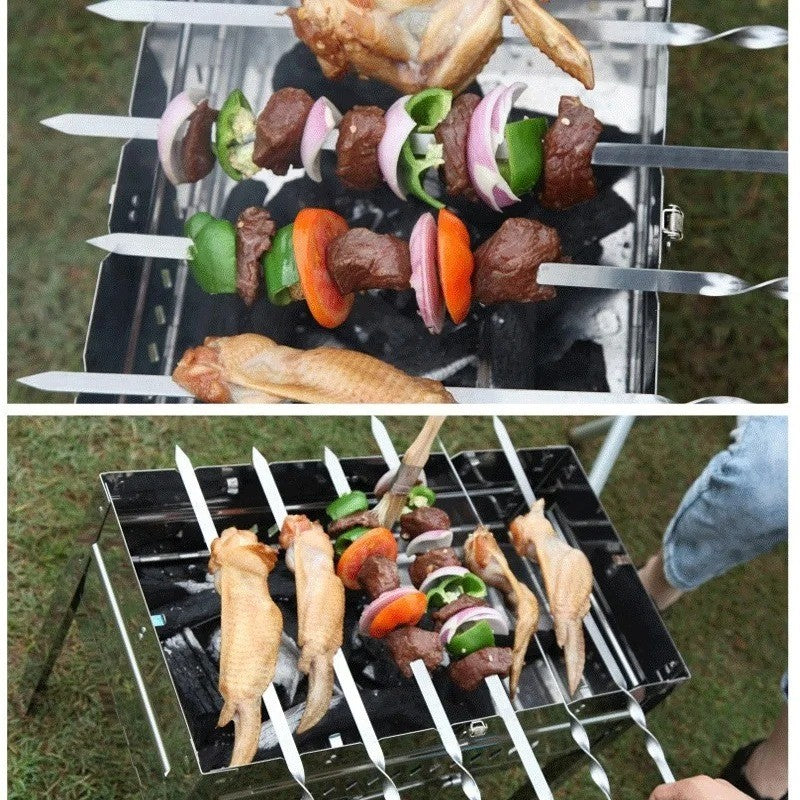 Stainless Steel Barbecue Skewers Long Handle 55cm Wooden Barbecue Handle Large Flat Stick Outdoor Picnic Barbecue Tools