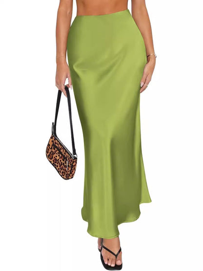 Women Summer Beige Long Skirts Trends 2025 High Waist Maxi Summer Skirt Rayon Silk Pencil Side Slit Satin Skirts For Women