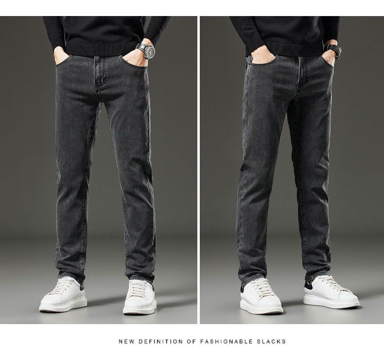 Men's autumn and winter hot jeans elastic small straight leg pants black gray micro elastic zipper fashionable versatile jeans