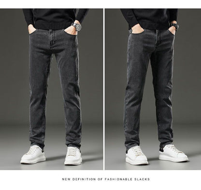 Men's autumn and winter hot jeans elastic small straight leg pants black gray micro elastic zipper fashionable versatile jeans