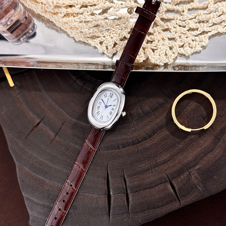 Ladies' New Oval Bathtub Egg-Shaped Belt Quartz Watch Elegant Miniature Vintage-Style Wristwatch Stylish Trendsetter