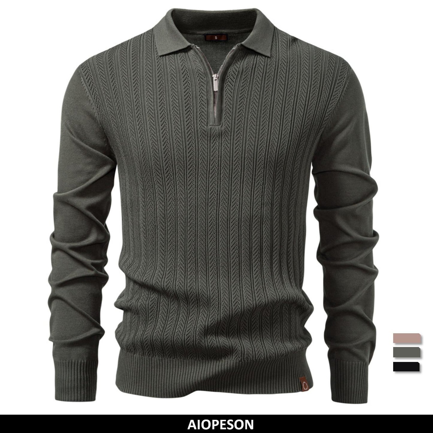 AIOPESON Premium Solid Color Polo Men Slim Fit Zip Long Sleeve Luxury Textured Fabric Business Casual Mens Sweatshirt