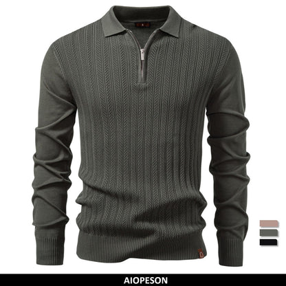 AIOPESON Premium Solid Color Polo Men Slim Fit Zip Long Sleeve Luxury Textured Fabric Business Casual Mens Sweatshirt