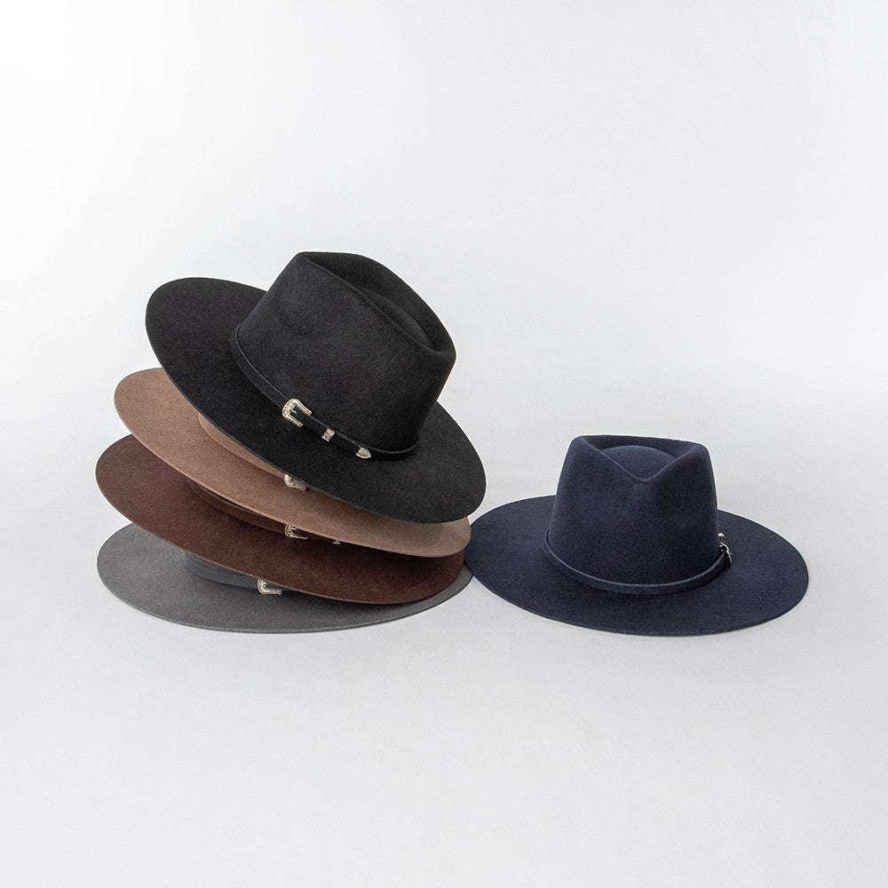 Chapéu Fedora de Feltro 100% Lã Australiana com cinto de feltro e aba larga de design moderno