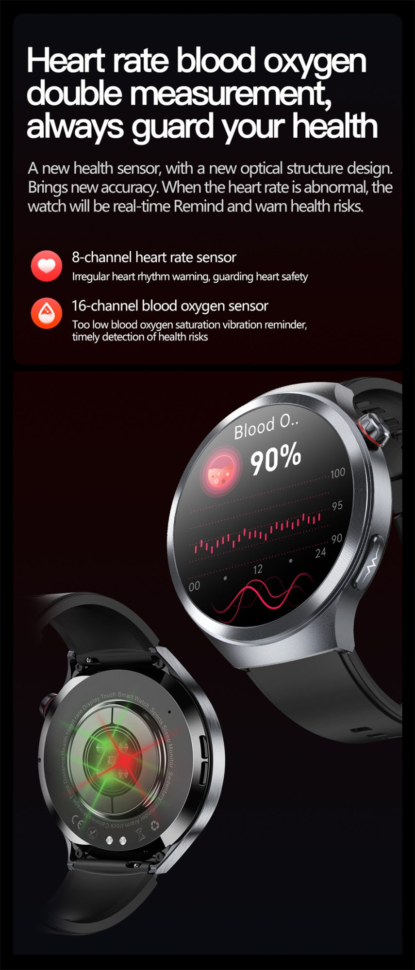 Relógio Inteligente Smartwatch Masculino 2026 Health Tracker com Safira e Medição de Ácido Úrico, Gordura Sanguínea, Pressão Arterial e ECG+PPG com Análise Corporal