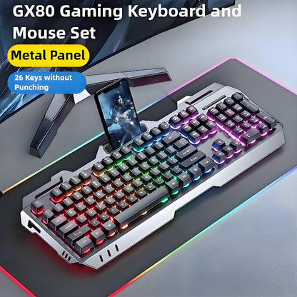 Conjunto de teclado e mouse gamer com fio, retroiluminação colorida, 104 teclas, painel de metal, teclado com sensação mecânica para laptop e desktop