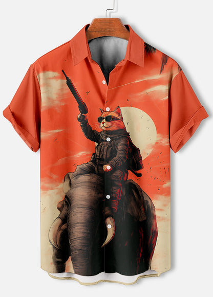 Men's Retro Cartoon Anime Cat Theme Short Sleeve Shirts Short Sleeve Tops Fashion Casual Vacation Streetwear Summer Men's Shirts