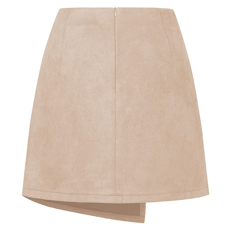 Chic Faux Suede Mini Skirts Women Design Irregular Button Skirts Woman Spring Autumn High Waist Zipper Up A-Line Skirt Ladies