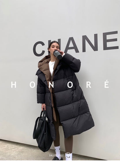 Janveny Fluffy White Duck Down Jacket Women Winter Thickness Warm Long Puffer Coat Hooded Female Fashion Fake Two-piece Parkas